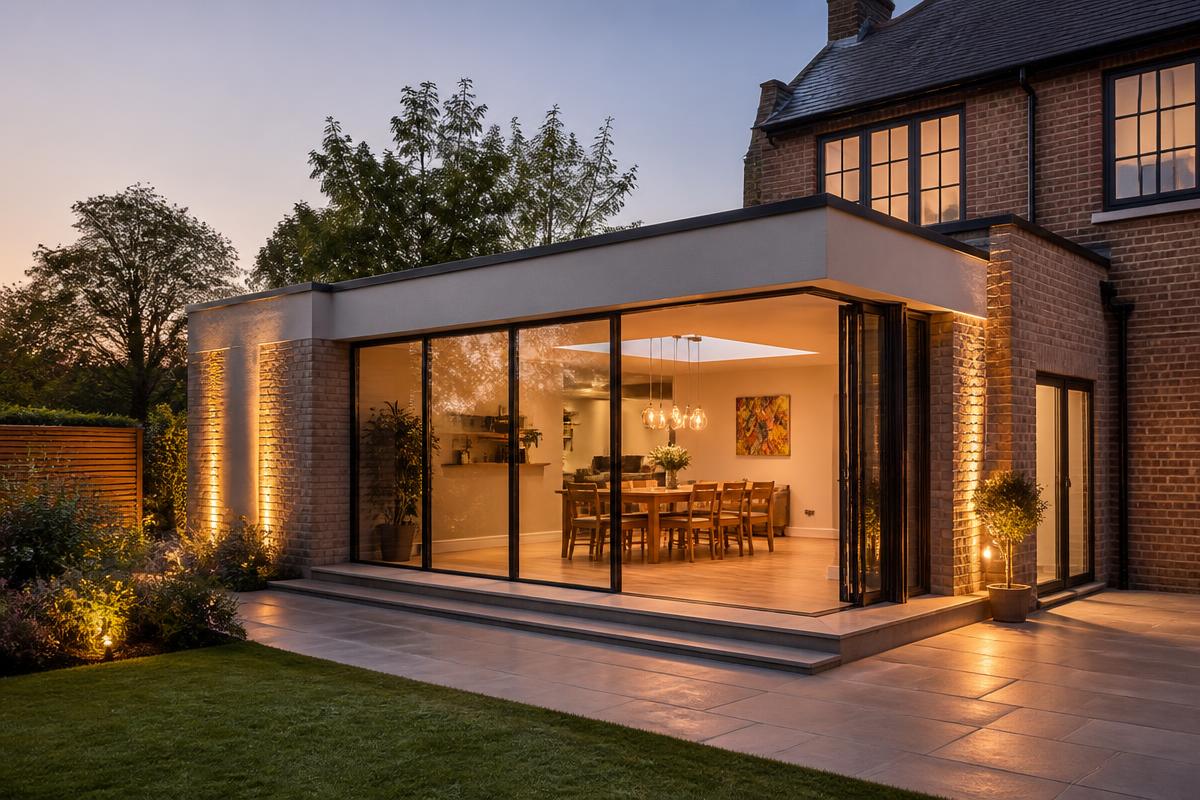 Modern residential extension with large glass doors at dusk